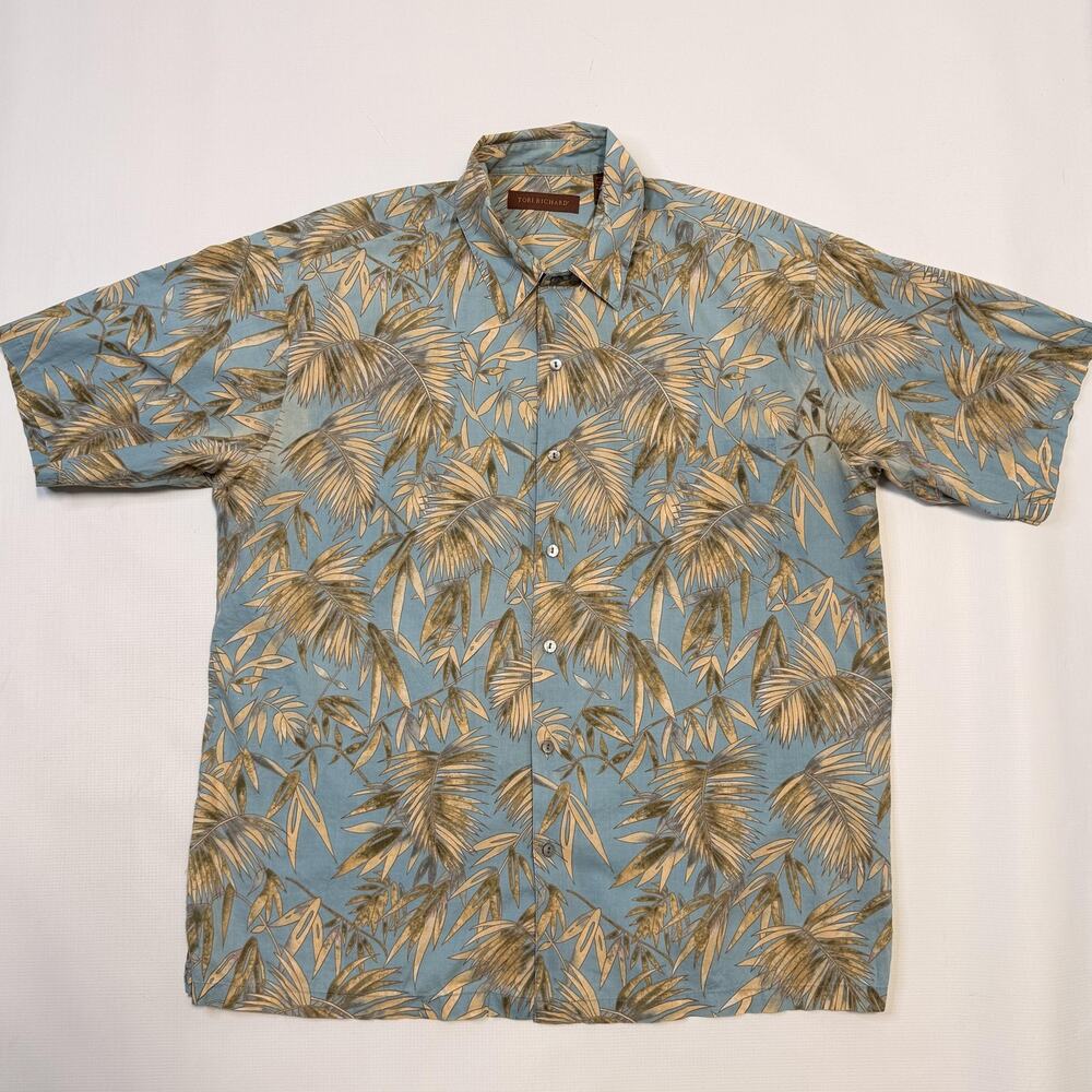 Tori Richard Shirt Mens Large Blue Palm Leaf Hawaiian Aloha Button Up Cotton USA